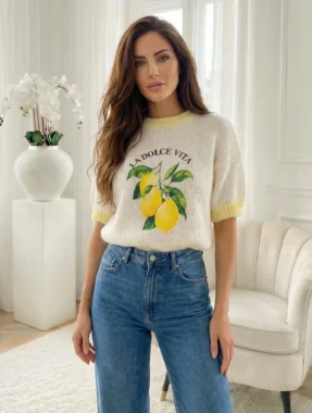 Bluza alba cu maneca scurta si imprimeu lamai