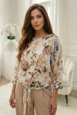 Bluza bej din voal cu imprimeu floral
