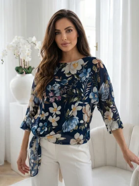 Bluza bleumarin din voal cu imprimeu floral