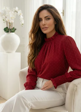 Bluza bordo eleganta cu strasuri si mansete elastice