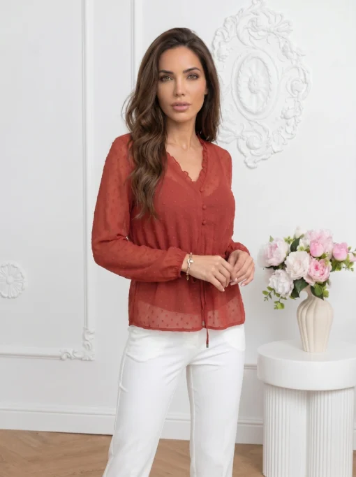 bluza-caramizie-din-voal-cu-buline-in-relief-si-snur-in-talie