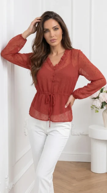 bluza-caramizie-din-voal-cu-buline-in-relief-si-snur-in-talie