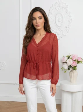 Bluza caramizie din voal cu buline in relief si snur in talie