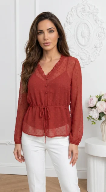 bluza-caramizie-din-voal-cu-buline-in-relief-si-snur-in-talie