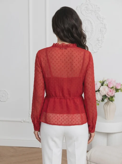 bluza-caramizie-din-voal-cu-buline-in-relief-si-snur-in-talie