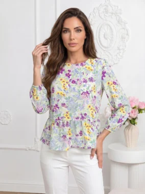 Bluza cu imprimeu floral multicolor si volan in talie