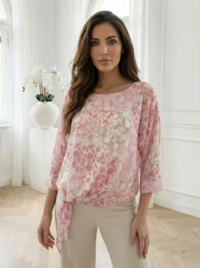 Bluza cu imprimeu floral roz pastelat si nod in talie