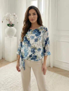 Bluza cu model floral albastru si nod lateral
