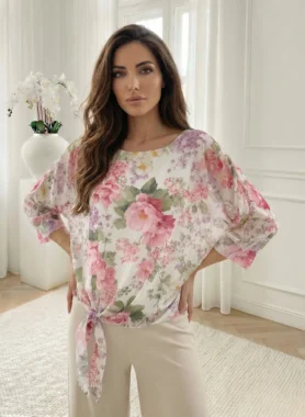 Bluza cu model floral roz si nod lateral