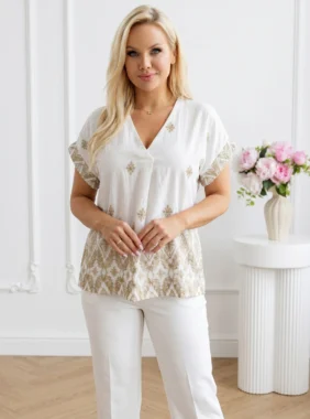 Bluza dama alba cu broderie geometrica aurie si decolteu in V