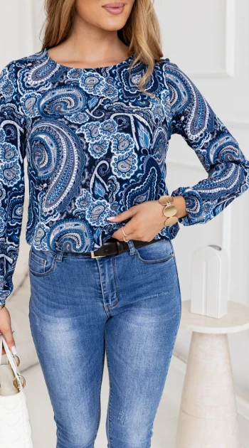 bluza-dama-albastra-cu-imprimeu-ornamental-si-elastic-in-talie