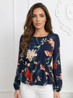 Bluza dama bleumarin cu imprimeu floral si maneci lungi