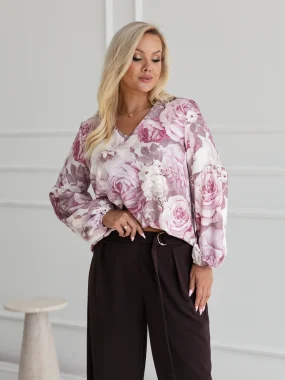 Bluza dama cu imprimeu floral roz si maneci bufante