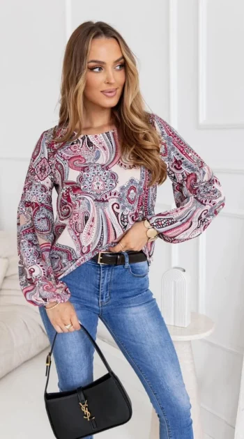 bluza-dama-cu-imprimeu-ornamental-rosu-si-elastic-in-talie