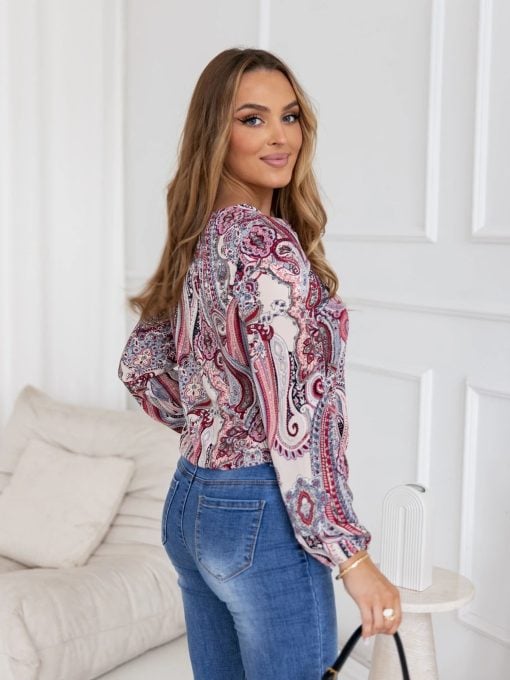 bluza-dama-cu-imprimeu-ornamental-rosu-si-elastic-in-talie