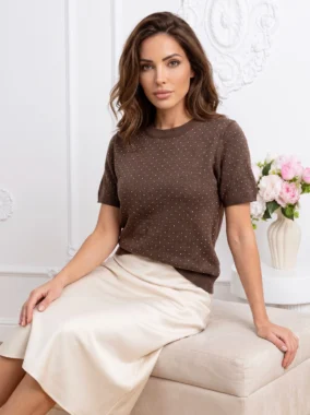 Bluza dama din tricot fin cu buline decorative si maneca scurta