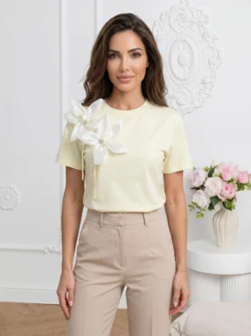 Bluza din bumbac cu flori 3D din organza si perle