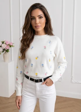 Bluza din tricot cu floricele multicolore brodate