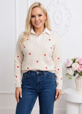 Bluza din tricot cu guler si broderie inimioare