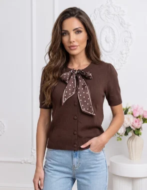 Bluza din tricot fin cu funda decorativa si maneca scurta