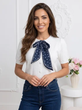 Bluza din tricot fin cu funda decorativa si maneca scurta