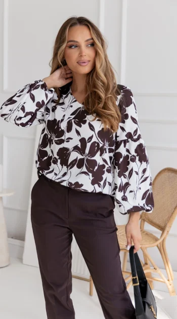 bluza-eleganta-alba-cu-imprimeu-floral-maro-si-maneci-bufante