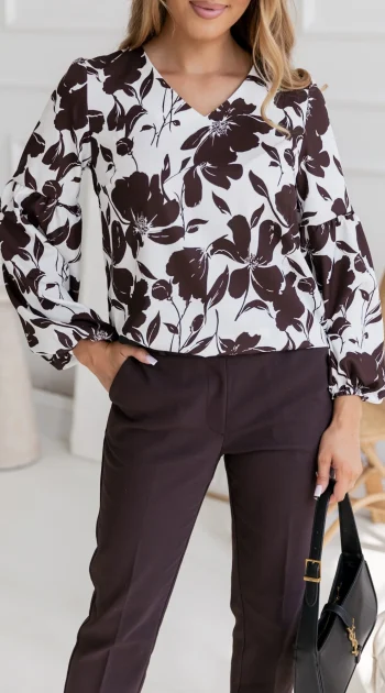 bluza-eleganta-alba-cu-imprimeu-floral-maro-si-maneci-bufante