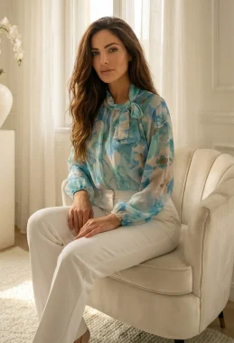 Bluza eleganta albastra cu imprimeu floral si funda la gat