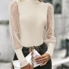 bluza-eleganta-bej-cu-maneci-din-tull-si-buline