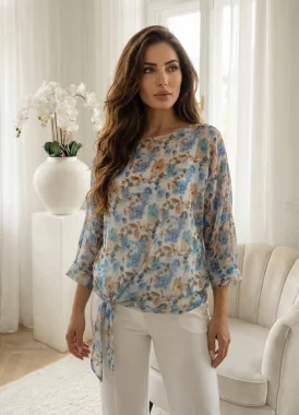 Bluza eleganta bleu cu imprimeu floral si nod decorativ