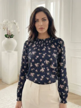 Bluză elegantă bleumarin cu model floral