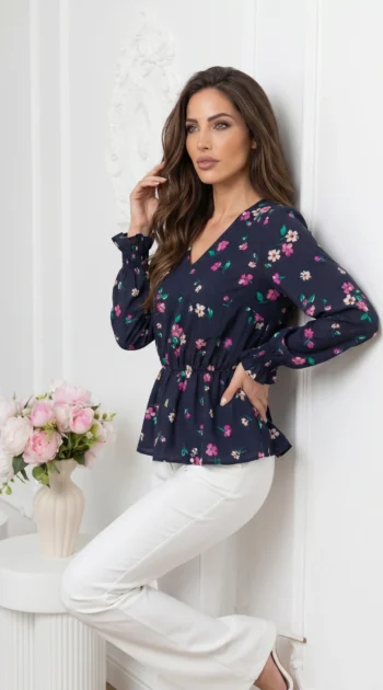 bluza-eleganta-cu-decolteu-in-v-imprimeu-floral-si-talie-elastica
