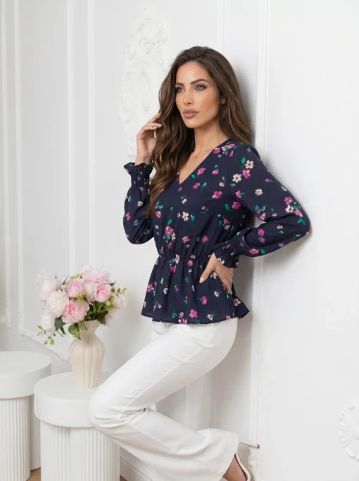 bluza-eleganta-cu-decolteu-in-v-imprimeu-floral-si-talie-elastica