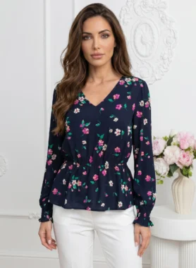 Bluza eleganta cu decolteu in v imprimeu floral si talie elastica