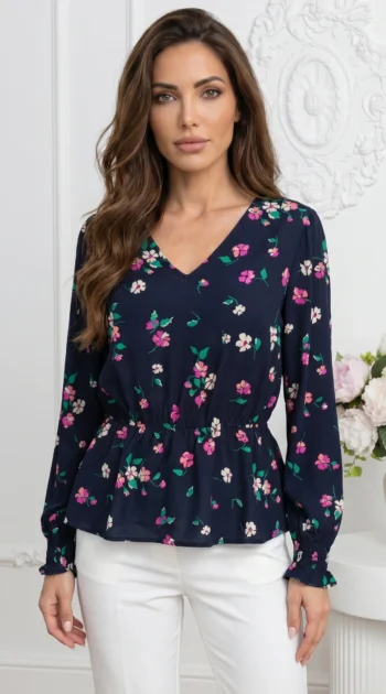 bluza-eleganta-cu-decolteu-in-v-imprimeu-floral-si-talie-elastica