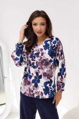 Bluza eleganta din vascoza cu imprimeu floral in nuante de albastru si mov
