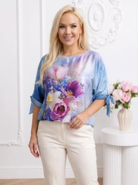 Bluza eleganta cu imprimeu floral si funde decorative la maneci