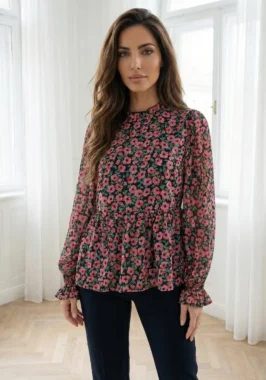 Bluza eleganta cu volane si imprimeu floral roz
