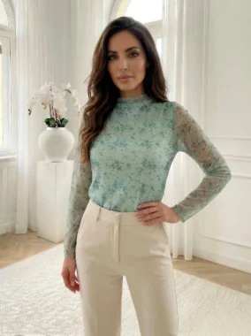 Bluza eleganta din tul verde menta cu imprimeu floral si guler inalt