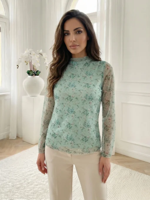 bluza-eleganta-din-tul-verde-menta-cu-imprimeu-floral-si-guler-inalt
