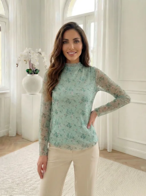 bluza-eleganta-din-tul-verde-menta-cu-imprimeu-floral-si-guler-inalt