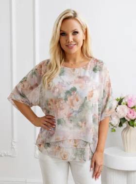 Bluza eleganta din voal cu imprimeu floral si croiala liliac
