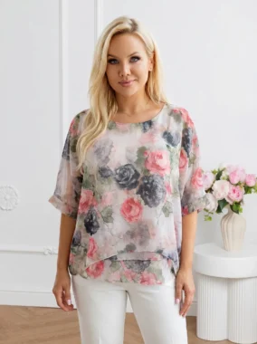 Bluza eleganta din voal cu trandafiri roz-gri si straturi suprapuse