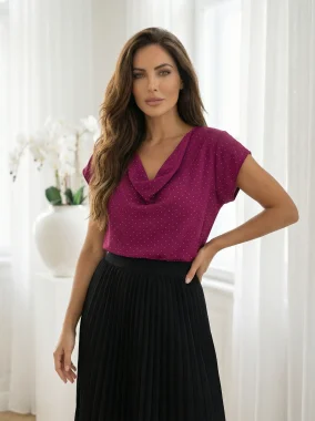 Bluza eleganta magenta cu decolteu drapat si aplicatii strasuri