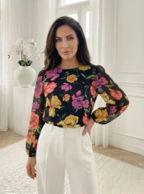Bluza eleganta neagra cu imprimeu floral colorat