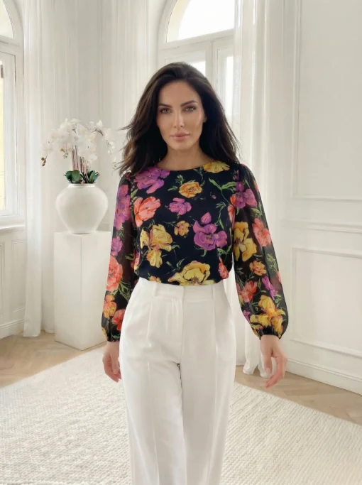 bluza-eleganta-neagra-cu-imprimeu-floral-colorat