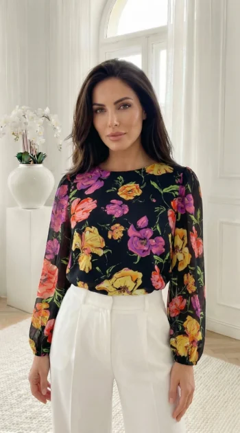 bluza-eleganta-neagra-cu-imprimeu-floral-colorat