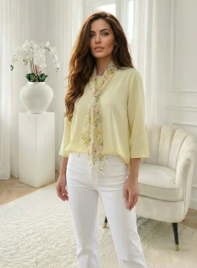 Bluza galben pai cu esarfa florala detasabila