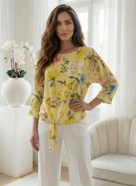 Bluza galbena din voal cu imprimeu floral