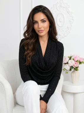 Bluza neagra din tul cu strasuri stralucitoare si decolteu drapat